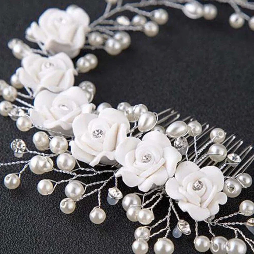 Bridal Pearls Flowers Crystals Hair Comb White Wedding Hairband Accessory
